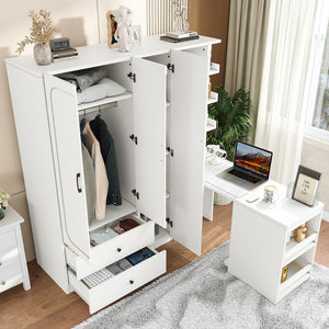 English Elm Multifunctional Wardrobe Cabinet with Fold Out Desk Hanging Rod and Storage Drawers Light White W1580S00475