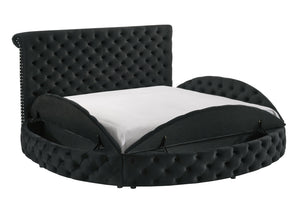 English Elm Luxurious Round Queen Bed with Velvet Tufted Headboard, Studded Accents and Hidden Storage Space Black 54.75 L x 79.5 W x 8.25 H B011S01644