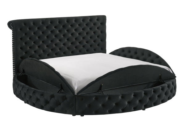 English Elm Luxurious Round Queen Bed with Velvet Tufted Headboard, Studded Accents and Hidden Storage Space Black 54.75 L x 79.5 W x 8.25 H B011S01644