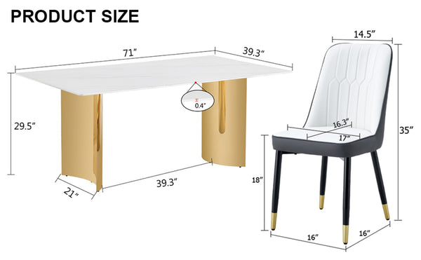 English Elm Table With Glass Top & Gold Accents, 8 Spliced Color Pu Chairs - Modern Dining Set For Any Space W1151S04358-GIGA