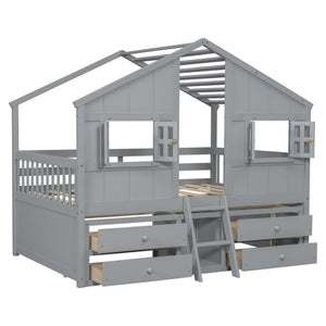 English Elm Full Size House Loft Bed With Roof & Windows, 4 Storage Drawers, Safe Pine Frame In Grey Finish W504S00241