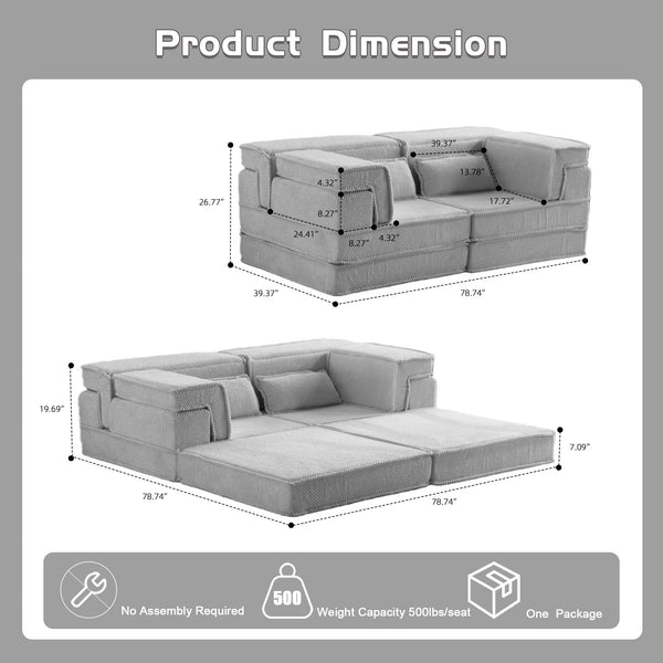 English Elm Compression Modular Floor Sofa Bed - Versatile, No Assembly, Soft Fleece, Memory Foam Loveseat, Light Grey W3723P377153