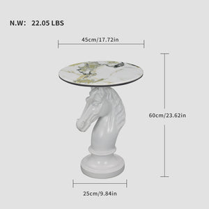 English Elm Horse Head Sculpted Resin End Table with Faux Marble Top for Bold Living Rooms White W5398P454678
