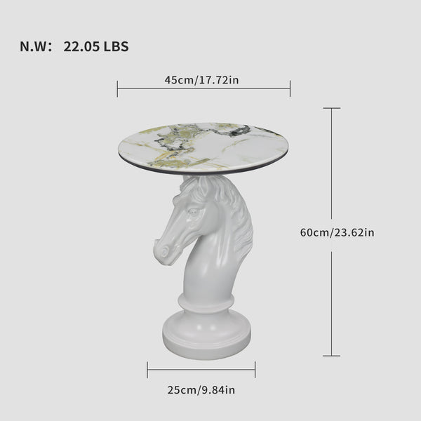 English Elm Horse Head Sculpted Resin End Table with Faux Marble Top for Bold Living Rooms White W5398P454678
