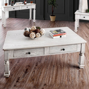 English Elm Transitional Round Coffee Table with Wire-Brushed Frame, Button-Tufted Padded Seat and Open Shelf, Rustic Finish Antique White 55 L x 31 W x 9 H B2741P362573