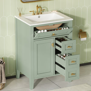 English Elm "24'' 24 Inch Glossy Freestanding Bathroom Vanity with Gold Hardware and Soft Close Storage Green Rubberwood N725P448529F