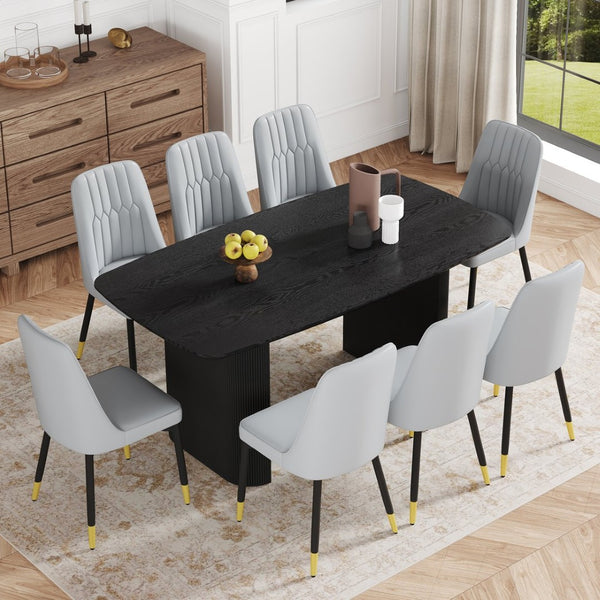 English Elm Table And Chair Set - 67" Black Wood Grain Mdf Dining Table With 8 Light Gray Pu Cushioned Chairs W1151S04173-GIGA