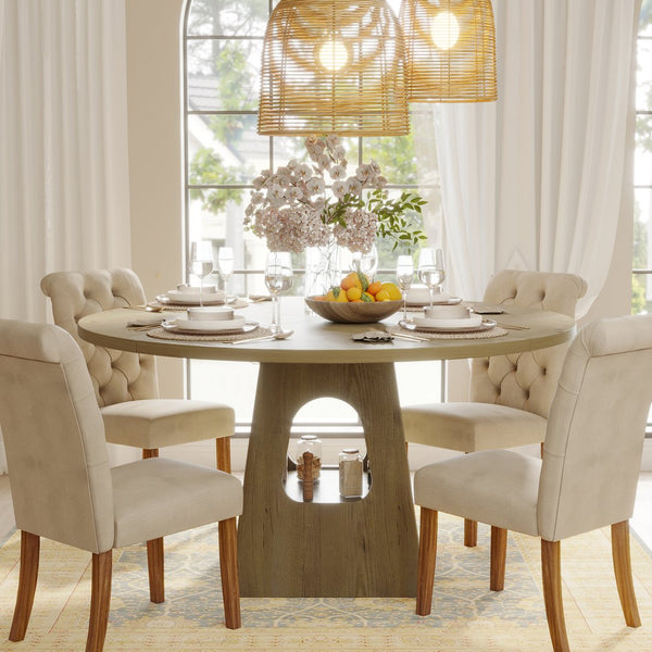 English Elm Round Farmhouse Dining Table 47 Inch Wooden Top with Lower Storage Shelf Seats Six Natural W757P367148
