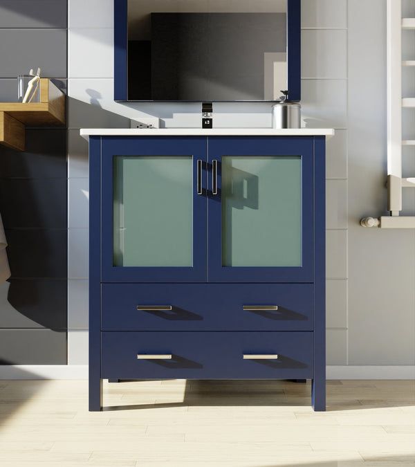 English Elm Navy Blue Bath Vanity 30” W, Contemporary White Ceramic Top & Chrome Faucet Set For Stylish Storage B2731P260511