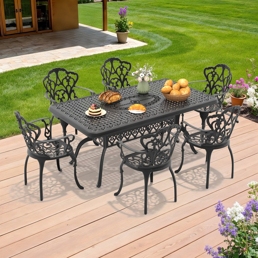 English Elm 7-piece Cast Aluminum Outdoor Dining Set with Carved Relief Frames and Cushioned Chairs W1710S00592