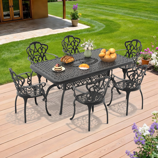 English Elm 7-piece Cast Aluminum Outdoor Dining Set with Carved Relief Frames and Cushioned Chairs W1710S00592