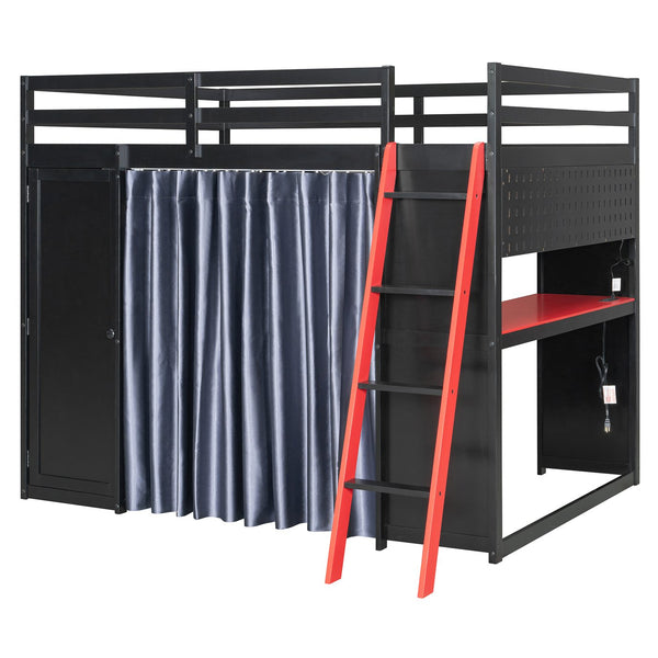 English Elm Full Size Wood Loft Bed with Wardrobe Desk Shelves Rgb Lighting and Blackout Curtains Black+Red LT000269AAJ-1