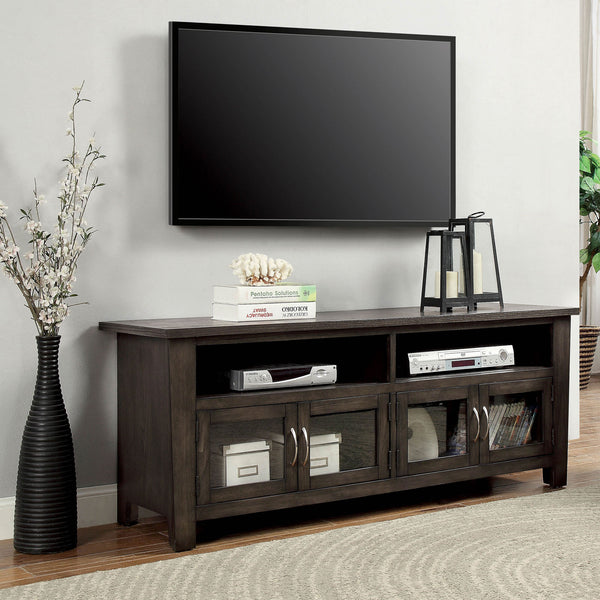English Elm Transitional TV Console with Dual Cabinets and Open Shelves, 60" Media Stand with Rear Wire Access Gray 63 L x 24 W x 9 H B2741P361926
