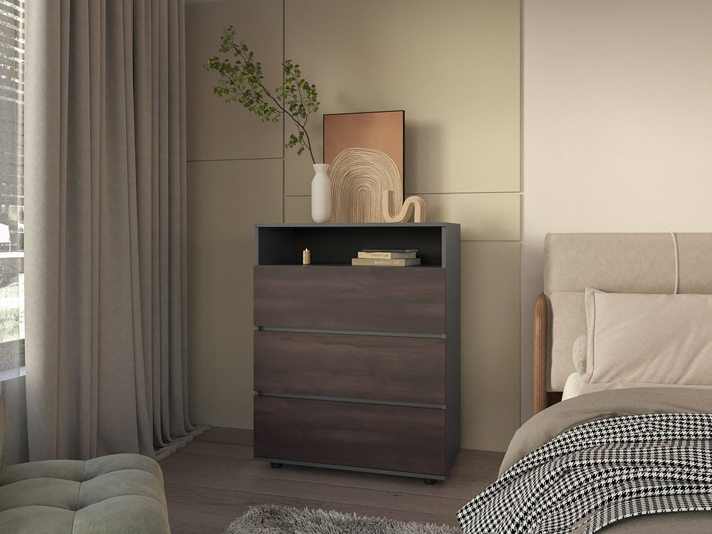 English Elm Aberdeen Matte Gray 4-Drawer Chest — Engineered Wood, Walnut Accents, Ample Storage, Modern Bedroom Elegance B092P368944