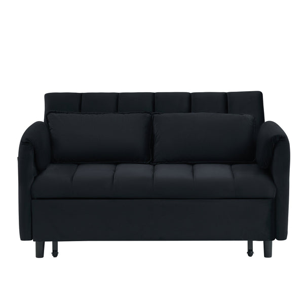 English Elm 52 Black Modern Velvet Sofa Bed 3-in-1 Convertible Loveseat with Pillows, Pockets, Metal Legs, 500lb Capacity W1658P266335