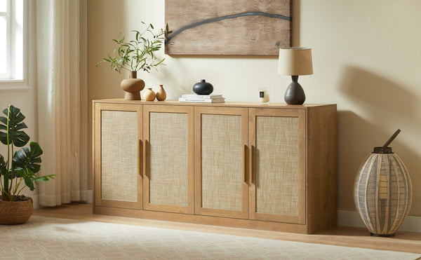 English Elm 67" Rattan Door Boho Credenza Wide Storage Sideboard for Living Room or Entryway W1820P426169