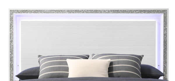 English Elm Haiden Queen Bed with LED-Illuminated Panel Headboard, Silver Trim & Under-Bed Storage Drawers White 29 L x 21 W x 13 H B2726S00139