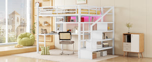 English Elm Full Size Loft Bed With Integrated Led, Workspace & Storage, Stylish Metal Frame For Kids' Rooms W2593S00018