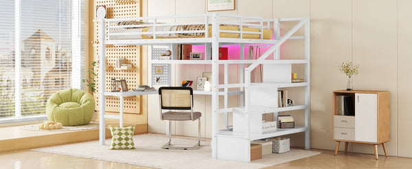 English Elm Full Size Loft Bed With Integrated Led, Workspace & Storage, Stylish Metal Frame For Kids' Rooms W2593S00018