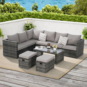 English Elm 6 Piece Outdoor Modular Sectional with Pe Wicker Cushioned Seating and Tempered Glass Table W874S00063