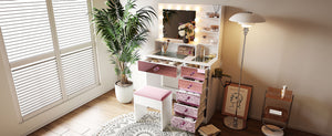 English Elm Vanity Desk with Hollywood Bulbs Glass Top Pink Glam Drawers and Cushioned Stool N704P340246K