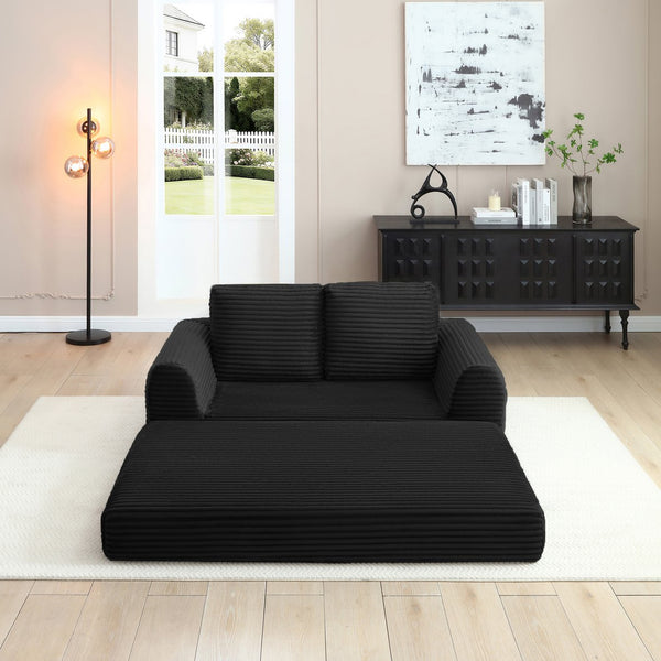 English Elm 2-in-1 Corduroy Futon Loveseat Sleeper Modular Floor Couch for Studio Living Rooms Black W1117P415686