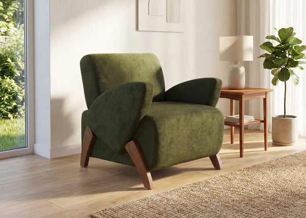 English Elm Lounge Accent Chair Velvet Upholstered Seat with Birch Legs for Compact Living Spaces Dark Green W2901P463303