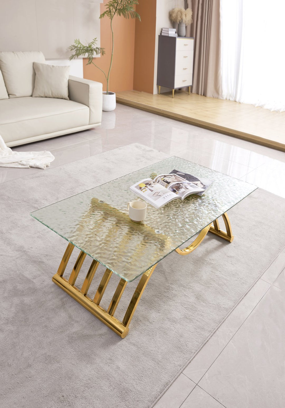 English Elm 47" Rectangle Modern Coffee Table With Ripple Glass Top, Gold Stainless Steel Frame, Easy Assembly W2978S00015
