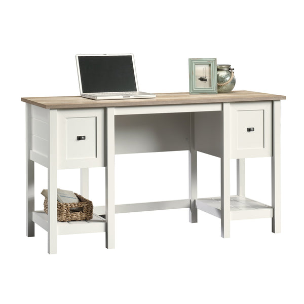 English Elm Desk, Modern White-Finish Workspace With Ample Storage, Open Shelves & Durable Engineered Wood Design B356P402727