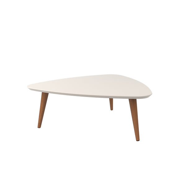 English Elm Utopia 34" Triangle Coffee Table Off White — Sleek Lacquered MDF Top, Solid Wood Splayed Legs, Durable Elegance B365P398086