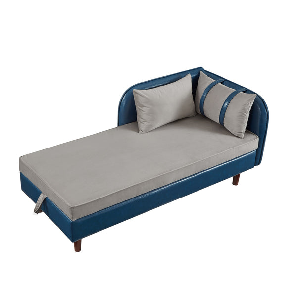 English Elm 65" Velvet Storage Chaise Lounge with Pu Leather Panels Eucalyptus Frame Accent Seat Blue+Grey W1097P434118