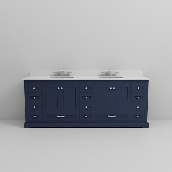 English Elm Navy Double Bath Vanity 84" W x 22" D with Cultured Marble Top, Chrome Faucet, Soft-Close Storage Elegance B2731P258435
