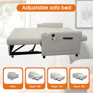 English Elm 1 Versatile Foldable Sofa Bed in Beige Velvet – 3-Length Convertible Pull-Out with USB, Storage, Swivel Phone Stand and Ashtray W1183S00014