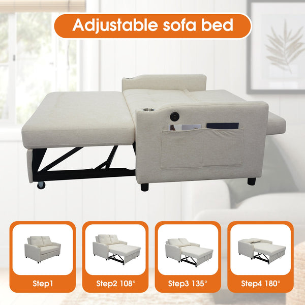 English Elm 1 Versatile Foldable Sofa Bed in Beige Velvet – 3-Length Convertible Pull-Out with USB, Storage, Swivel Phone Stand and Ashtray W1183S00014