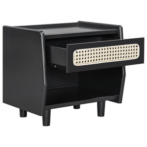 English Elm Black Rattan Panel Nightstand with Open Shelf Drawer Mdf Modern Bedroom Storage N770P374577B