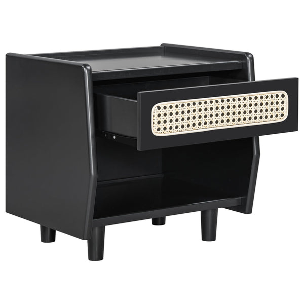 English Elm Black Rattan Panel Nightstand with Open Shelf Drawer Mdf Modern Bedroom Storage N770P374577B