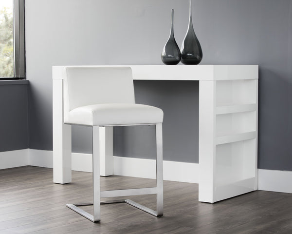 Sunpan Dean Bar Stool with Exposed Brass Frame and Luxurious Bonded Leather for Stylish Spaces Stainless Steel / Cantina White