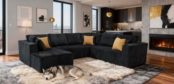 English Elm Full Corduroy Upholstered U-shaped Sectional Sofa with Moveable Ottoman Zero Assembly Black B2748S00061
