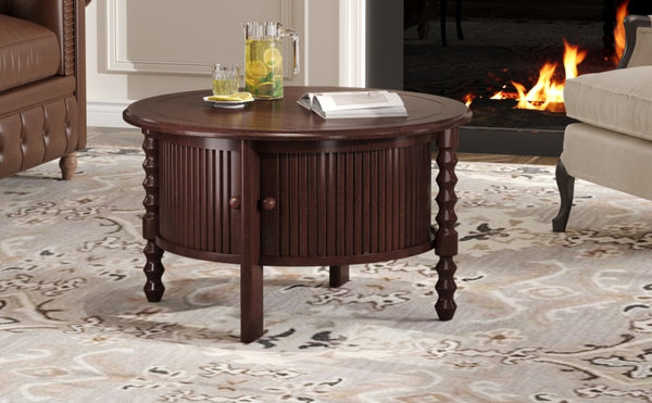 English Elm Vintage Round Coffee Table With Hidden Storage - Mid Century Modern Accent Table For Small Spaces N735P277387D-GIGA