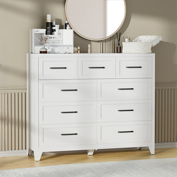 English Elm 7-drawer Steel Dresser Wide Low Profile White Cabinet for Bedroom or Entryway T2398P498868