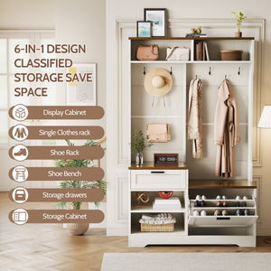 English Elm Hall Tree Entryway Organizer with Bench Seat Shoe Cabinet and Coat Hooks Mdf Farmhouse White+Walnut T5618P448218