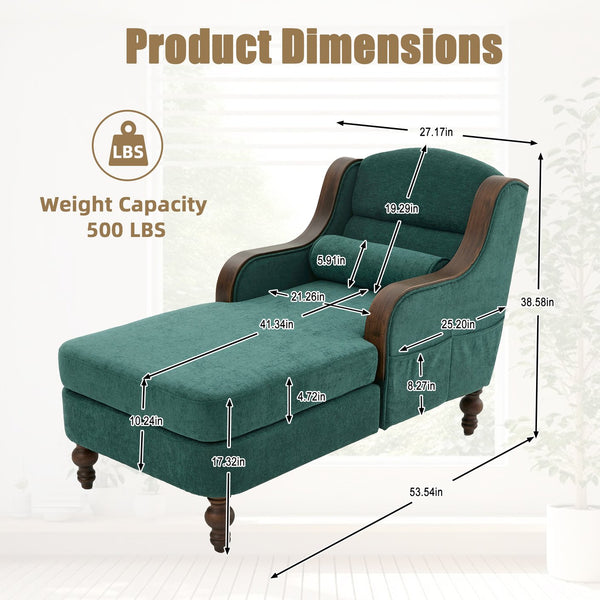 English Elm UNITED Oversized Chaise Lounge Sofa Bed with Solid Wood Arms, High-Resilience Foam, 800lb Capacity and Storage Pockets Emerald W1568S00207