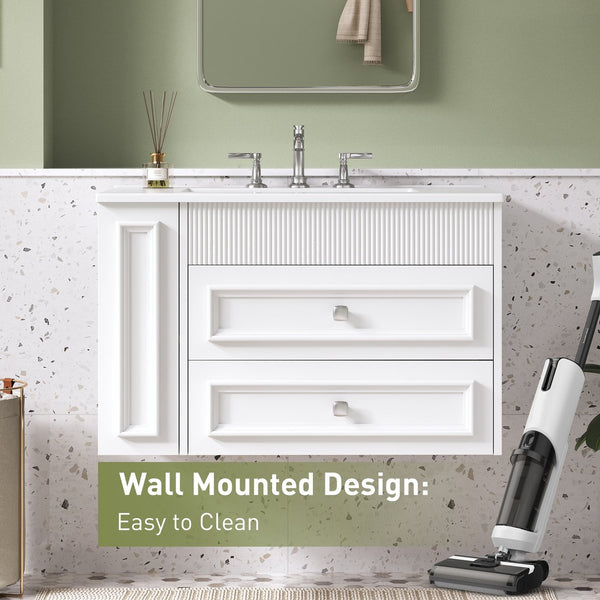 English Elm 30'' Wall Mounted Bathroom Vanity with Ceramic Sink, Floating MDF Cabinet, Soft-Close Drawers & Ample Storage White N710P334915K