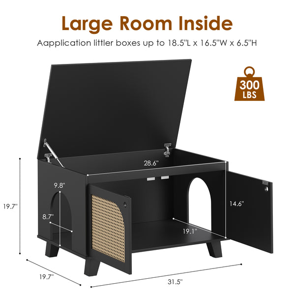 English Elm Flip Top Hidden Cat Litter Box Enclosure with Rattan Doors, Flip-Top Access, Odor Control, Stylish Table Ready Black T3623P354969