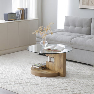 English Elm Modern Round Glass Top Coffee Table with Wood Mdf Base and Open Lower Shelf Natural W1117P272166