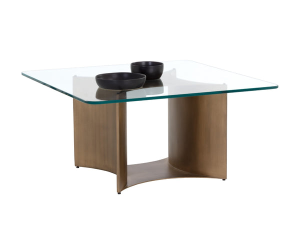 Sunpan DENVER Artisan-Crafted Coffee Table with Glass Top & Antique Brass Base for Modern Living Rooms 109556