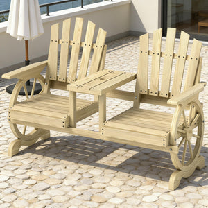 English Elm Stable Outdoor Fir Wood Bench with Wagon Wheel Legs and Built in Center Table T3971P446216