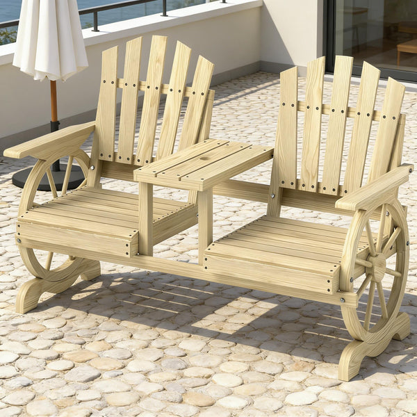 English Elm Stable Outdoor Fir Wood Bench with Wagon Wheel Legs and Built in Center Table T3971P446216