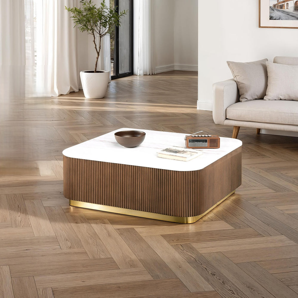 English Elm 1pc Square Genuine Marble Top Cocktail Table Fluted Plinth Base Gold Stainless Accents B2741P476071