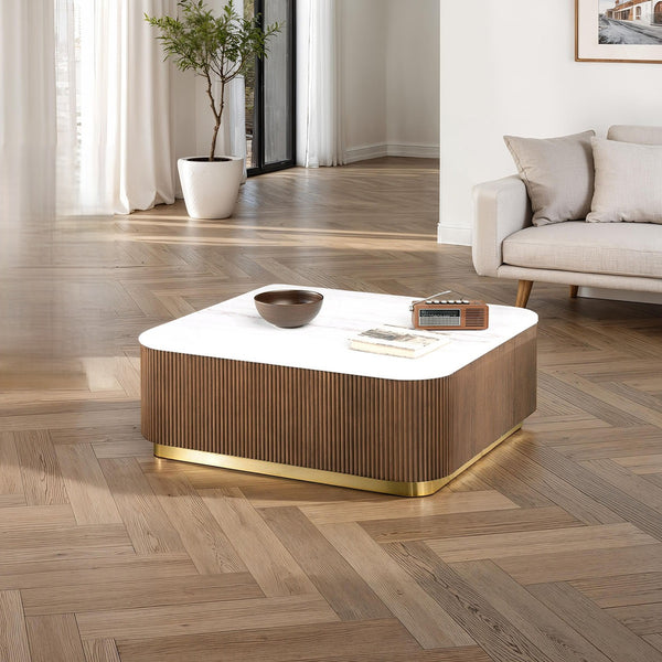 English Elm 1pc Square Genuine Marble Top Cocktail Table Fluted Plinth Base Gold Stainless Accents B2741P476071